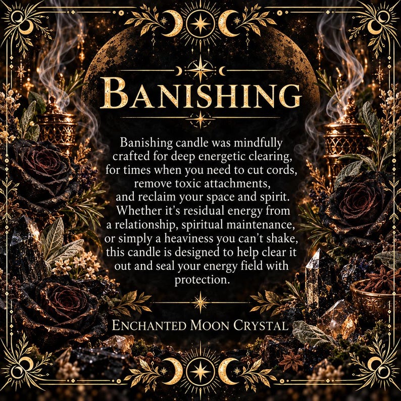 Vintage parchment-style fragrance graphic for the Banishing candle describing a purifying scent of crisp green citrus, soft lily, warming clove, patchouli, vanilla and smoky musk. The fragrance moves from fresh and cleansing into a warm, grounding finish.