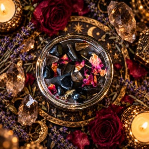 Top-down photograph of Enchanted Moon Crystal Season of the Witch intention candle displaying black wax adorned with smoky quartz, polished obsidian stones, colorful dried rose petals, and herbal botanicals. Styled on a decorative antique gold moon and star tray with deep red roses, purple lavender, illuminated crystal points, and glowing candles. Dark romantic witchcraft-inspired photography highlighting the candle's crystal toppings, botanical details, and earthy autumn ritual aesthetic.