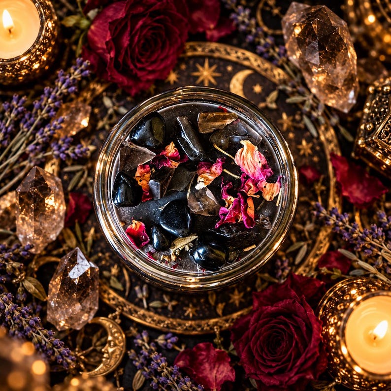 Top-down photograph of Enchanted Moon Crystal Season of the Witch intention candle displaying black wax adorned with smoky quartz, polished obsidian stones, colorful dried rose petals, and herbal botanicals. Styled on a decorative antique gold moon and star tray with deep red roses, purple lavender, illuminated crystal points, and glowing candles. Dark romantic witchcraft-inspired photography highlighting the candle's crystal toppings, botanical details, and earthy autumn ritual aesthetic.