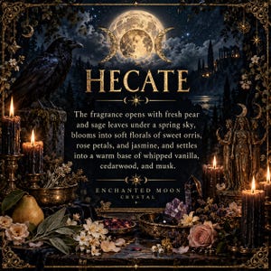 Hecate intention candle fragrance description presented in a luxurious midnight blue and antique gold gothic design with a raven, full moon, triple moon symbolism, black candles, crystals, and a goddess statue. The scent opens with fresh pear and sage leaves, transitions into sweet orris, rose petals, and jasmine, and settles into whipped vanilla, cedarwood, and musk. An elegant floral, herbal, and woody fragrance inspired by the mysteries of the Greek goddess Hecate.