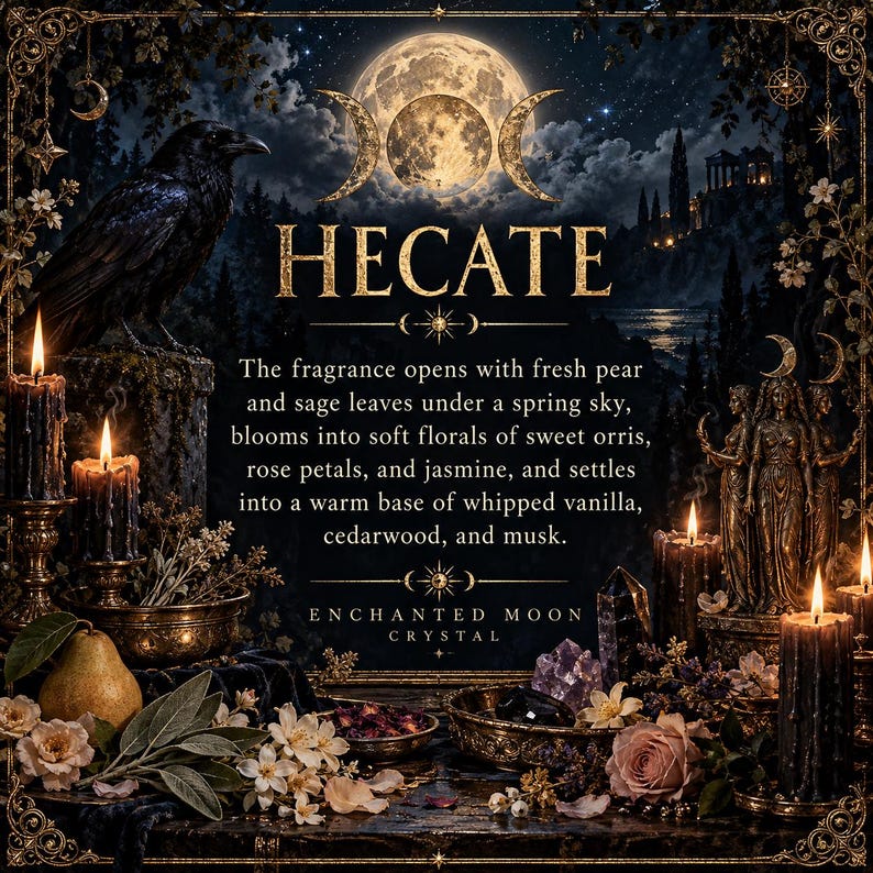 Hecate intention candle fragrance description presented in a luxurious midnight blue and antique gold gothic design with a raven, full moon, triple moon symbolism, black candles, crystals, and a goddess statue. The scent opens with fresh pear and sage leaves, transitions into sweet orris, rose petals, and jasmine, and settles into whipped vanilla, cedarwood, and musk. An elegant floral, herbal, and woody fragrance inspired by the mysteries of the Greek goddess Hecate.