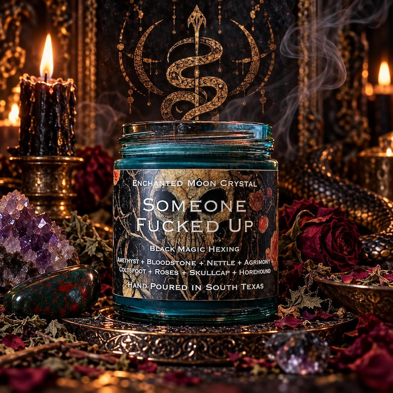 Hand-poured Someone Fucked Up candle displayed against an ornate golden serpent symbol, surrounded by burning black taper candles, scattered rose petals, and amethyst crystals. The turquoise glass jar features a bold gothic label identifying this black magic hexing candle. Rich amber lighting, dark floral decorations, and drifting incense smoke create an atmospheric witchcraft ritual setting.