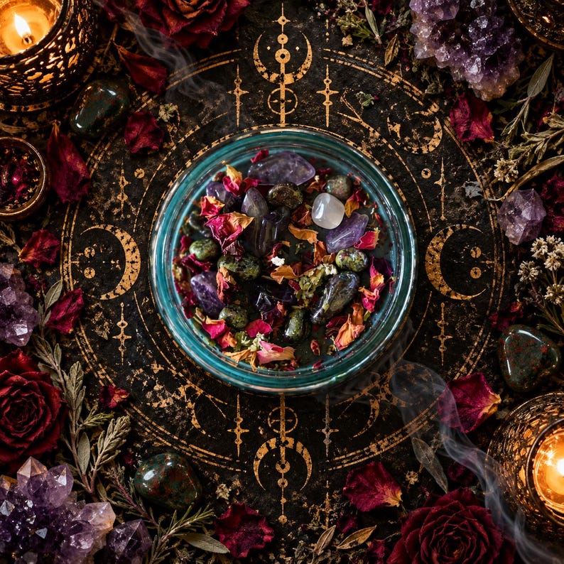 Direct overhead view of the Someone Fucked Up witchcraft candle centered within an elaborate circular pattern of golden alchemical and celestial symbols. Dark wax is embellished with colorful dried botanicals, rose petals, bloodstone, and amethyst. Surrounded by burgundy roses, crystal clusters, and glowing candlelight, this dramatic photograph highlights the candle's handcrafted ritual details.