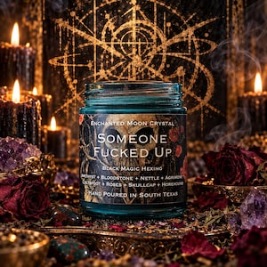 Someone Fucked Up hexing candle displayed before an intricate golden geometric occult sigil, illuminated by flickering black candles and warm amber light. The turquoise glass jar with its dark gothic label is surrounded by deep red roses, amethyst crystals, and curling incense smoke. A dramatic witchcraft-inspired product photograph featuring themes of banishment, energetic defense, and ritual magic.