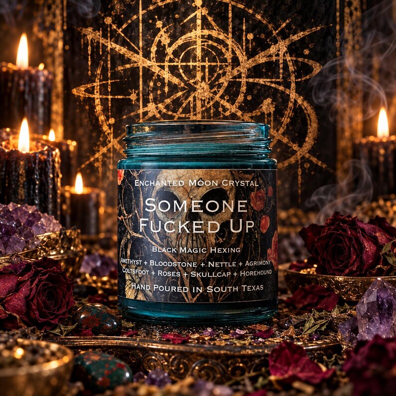 Someone Fucked Up hexing candle displayed before an intricate golden geometric occult sigil, illuminated by flickering black candles and warm amber light. The turquoise glass jar with its dark gothic label is surrounded by deep red roses, amethyst crystals, and curling incense smoke. A dramatic witchcraft-inspired product photograph featuring themes of banishment, energetic defense, and ritual magic.