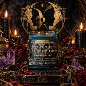 Someone Fucked Up ritual candle displayed beneath an elaborate golden circular emblem featuring two silhouetted profiles. The turquoise glass jar is surrounded by glowing black candles, purple amethyst clusters, dark red roses, and atmospheric incense smoke. This gothic black magic candle mockup evokes shadow work, spiritual boundaries, hexing, and personal transformation.