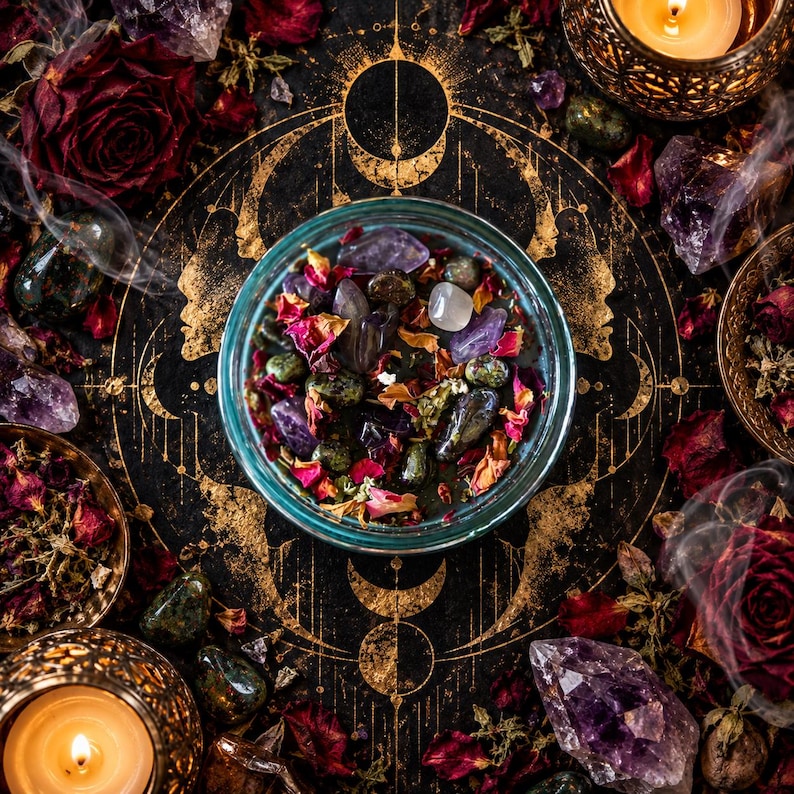 Overhead view of the Someone Fucked Up crystal intention candle centered over an elaborate gold lunar symbol on a dark textured altar cloth. The turquoise jar reveals dark wax covered with amethyst, bloodstone, dried rose petals, and assorted herbs. Surrounded by purple crystals, crimson flowers, and candlelight, this photograph showcases the candle's decorative toppings and mystical witchcraft aesthetic.