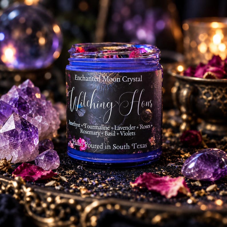 A blue glass candle jar with a black label featuring the text Enchanted Moon Crystal Witching Hour, Amethyst + Tourmaline + Lavender + Roses + Rosemary + Basil + Violets, and Hand Poured in South Texas, surrounded by purple crystals.