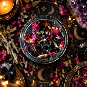 handmade Banishing ritual candle by Enchanted Moon Crystal, featuring rich black wax topped with vivid pink and red dried rose petals, black tourmaline crystals and protective botanical herbs. Arranged on a dark celestial altar cloth with golden crescent moons, amethyst crystal cluster, scattered rosemary, sage and warm glowing candlelight. Gothic witch aesthetic for spiritual protection, negative energy banishing, cleansing rituals, intention setting and occult inspired home decor