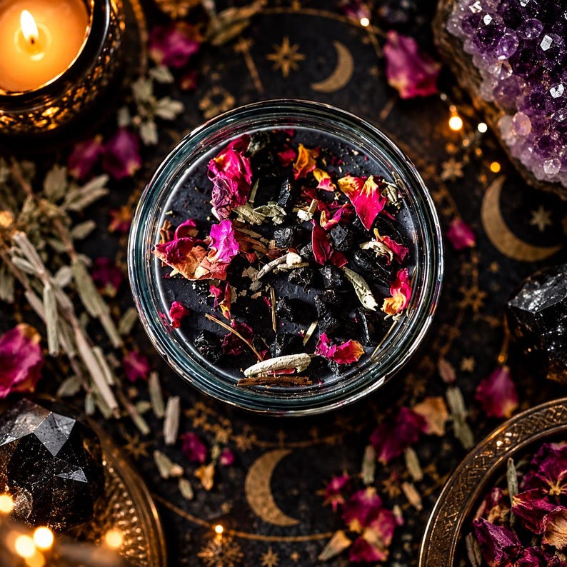 handmade Banishing ritual candle by Enchanted Moon Crystal, featuring rich black wax topped with vivid pink and red dried rose petals, black tourmaline crystals and protective botanical herbs. Arranged on a dark celestial altar cloth with golden crescent moons, amethyst crystal cluster, scattered rosemary, sage and warm glowing candlelight. Gothic witch aesthetic for spiritual protection, negative energy banishing, cleansing rituals, intention setting and occult inspired home decor