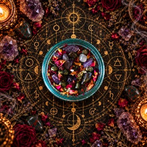 Overhead photograph of the Someone Fucked Up black magic candle surrounded by an intricate golden celestial ritual circle. The turquoise glass jar contains dark wax decorated with amethyst, bloodstone, dried rose petals, and botanicals. Burgundy roses, purple crystals, glowing candles, and antique occult symbols create a luxurious witchcraft altar setting inspired by ritual magic and spiritual protection.