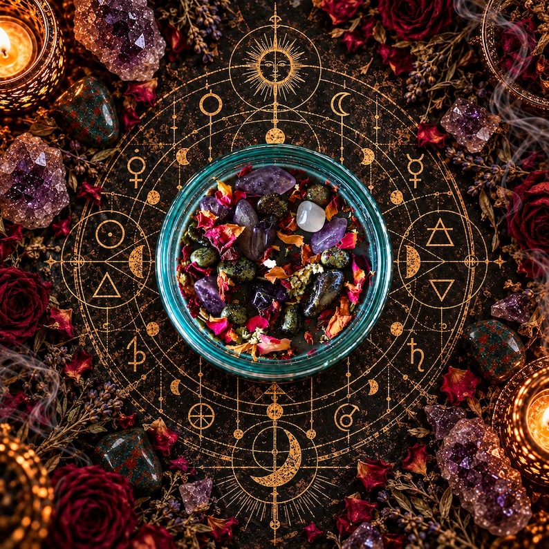 Overhead photograph of the Someone Fucked Up black magic candle surrounded by an intricate golden celestial ritual circle. The turquoise glass jar contains dark wax decorated with amethyst, bloodstone, dried rose petals, and botanicals. Burgundy roses, purple crystals, glowing candles, and antique occult symbols create a luxurious witchcraft altar setting inspired by ritual magic and spiritual protection.