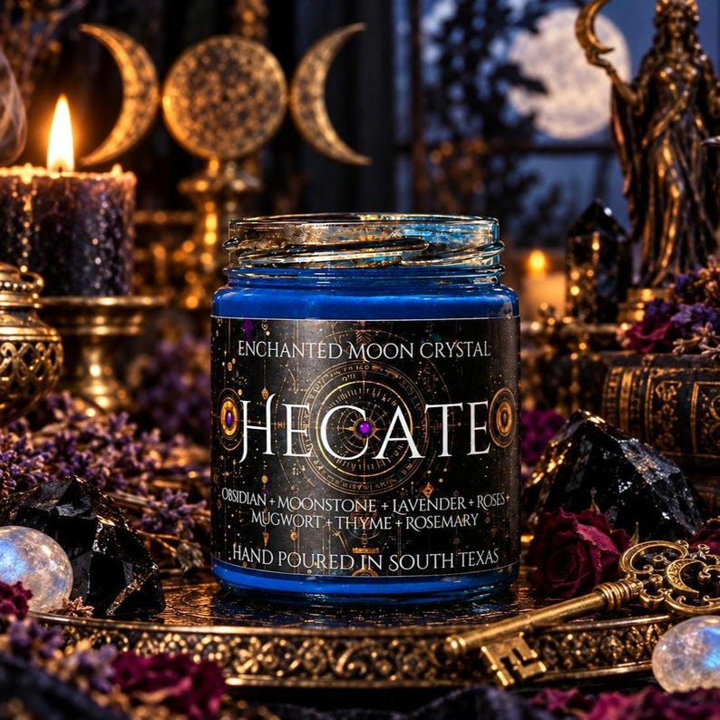 Hecate goddess intention candle by Enchanted Moon Crystal, featuring deep midnight blue wax in a glass jar with an ornate black and gold celestial label. Displayed on a mystical altar surrounded by glowing candles, crystals, dried flowers, and an antique gold triple moon symbol. This handcrafted witchcraft-inspired candle contains obsidian, moonstone, lavender, roses, mugwort, thyme, and rosemary, celebrating the Greek goddess of crossroads, protection, intuition, and transformation.