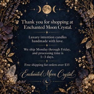 Enchanted Moon Crystal thank you card featuring an elegant midnight blue and antique gold celestial design with triple moon symbols, stars, botanical illustrations, and ornate decorative details. Includes handmade intention candle shop information, processing times, and free shipping details. A mystical, witchy aesthetic reflecting the handcrafted spiritual candles, crystal candles, and ritual-inspired creations of Enchanted Moon Crystal.