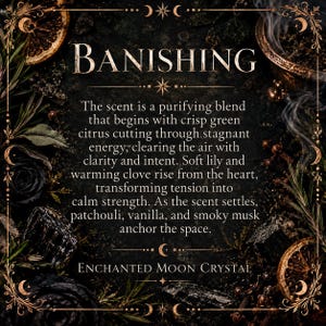 Dark vintage-style informational graphic for the Banishing intention candle describing its purpose for deep energetic clearing, cutting cords, removing toxic attachments and reclaiming personal space. Designed around banishing unwanted energy and sealing the energy field with protection.