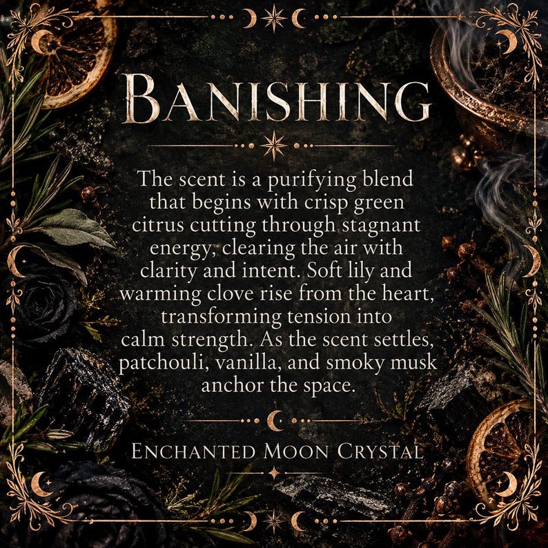Dark vintage-style informational graphic for the Banishing intention candle describing its purpose for deep energetic clearing, cutting cords, removing toxic attachments and reclaiming personal space. Designed around banishing unwanted energy and sealing the energy field with protection.