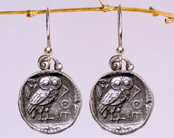 925 Sterling Silver Owl Coin Earrings, Sterling Silver Greek Owl Coin Earrings, Earrings, Silver Athena Owl Coin Earrings, Owl Coin Earrings