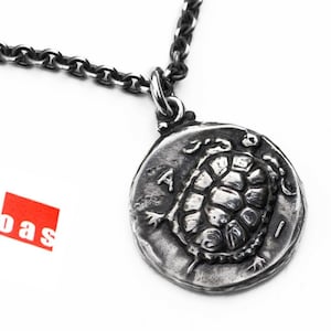 Gift for Him***Solid Sterling Silver Greek Aegina Turtle Coin Pendant Necklace, Ancient Turtle Coin Jewelry Necklace, Turtle Lucky Charm