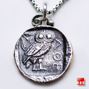 Sterling Silver Greek Owl Coin Necklace, Silver Athena Pendant, Silver Athena Necklace, Owl Pendant, Greek Owl Necklace, 925 Greek Athena