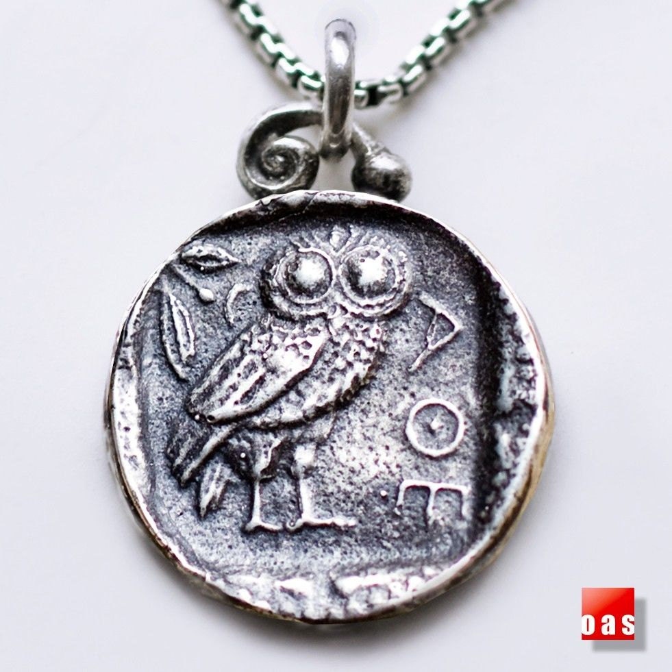 Small Sterling Silver Tetradrachm Owl Coin Necklace It spins 