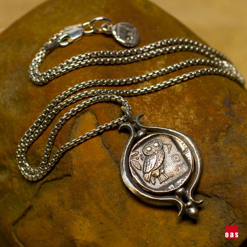 Greek Owl Necklace Athena Necklace Owl Coin Owl Coin Pendant Sterling Silver Greek Owl Coin Necklace 925 Owl Coin Pendant IT SPINS!!!
