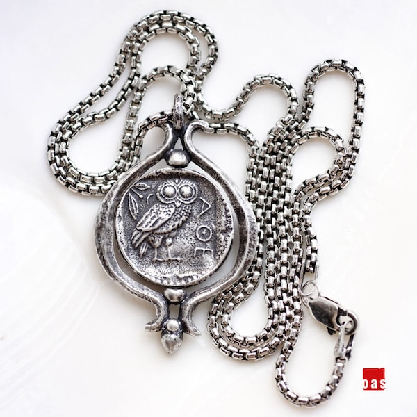 IT SPINS!!! - Sterling Silver Greek Owl Coin Necklace, 925 Owl Coin Pendant, Athena Necklace, Owl Coin Pendant, Greek Owl Necklace, Owl Coin