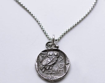 Sterling Silver Greek Owl Coin Necklace, Silver Athena Pendant, Silver Athena Necklace, Owl Pendant, Greek Owl Necklace, 925 Greek Athena