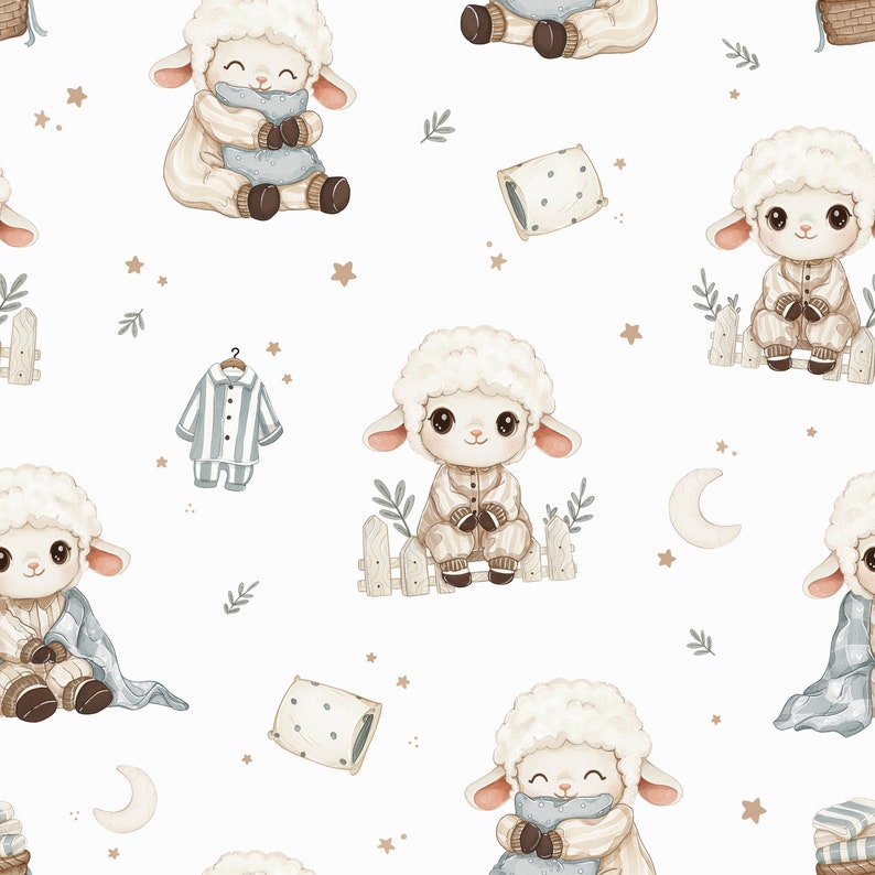 May include: A seamless pattern featuring cute cartoon lambs wearing pajamas and holding pillows. The pattern also includes stars, moons, and other sleep-related imagery.