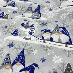 Christmas Cotton Fabric Gnome cozy blue light gray background Cotton Fabric Yard, for baby bedding HIGH QUALITY 62"158cm Ready to shipping