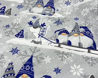 Christmas Cotton Fabric Gnome cozy blue light gray background Cotton Fabric Yard, for baby bedding HIGH QUALITY 62"158cm Ready to shipping