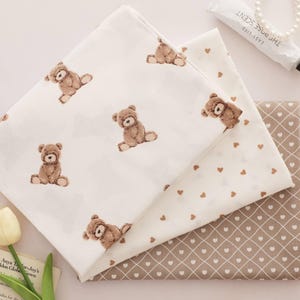 Cotton fabric Teddy Bear + Hearts Sateen 100% Cotton fabric by the Yard, digital print 160 cm wide
