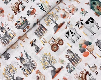 Farm Animals Fabric Cotton at white background Fabric quilting for nursery,blanket,fabric by the Yard, half yard, HIGH QUALITY 62"158cm