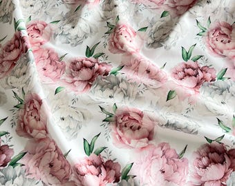 Watercolor Peonies Flowers Cotton Fabric Premium, Nursery, Premium Digital Print Cotton, for Baby Blanket,material by the yard