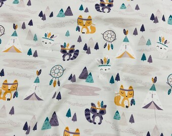 Woodland animals cotton fabric Racoon cotton by the yard Fox fabric for baby quilt Woodland fabric for baby clothes Animal printed fabric
