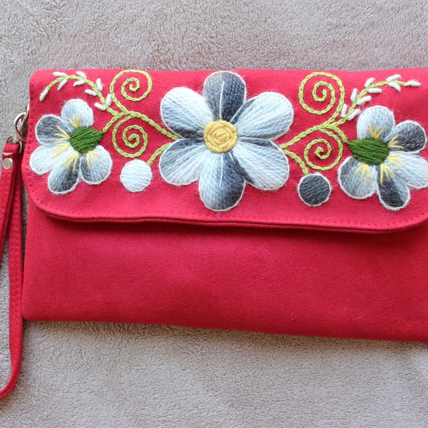 Peruvian Embroidered Suede Flower clutch bag