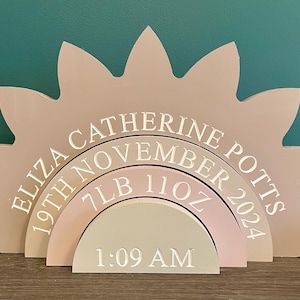 Puede incluir: Un sol de madera rosa con un arcoíris de círculos concéntricos. Los círculos están inscritos con el texto "Eliza Catherine Potts", "19th November 2024", "7lb 11oz" y "1:09 AM".