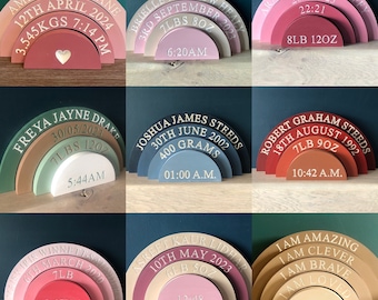 Personalised wooden Rainbow stacker, new shapes at tester prices, personalised baby gift, engraved birth details gift