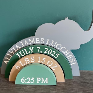 Personalised wooden elephant stacker, engraved rainbow stacker, new baby gift, birth details gift