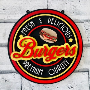 Letrero de hamburguesa, letrero de hamburguesa retro, letrero de sala de juegos, letrero de hamburguesería, regalo para casa nueva, regalo retro