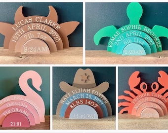 Personalised wooden Rainbow stacker, personalised baby gift, engraved birth details gift