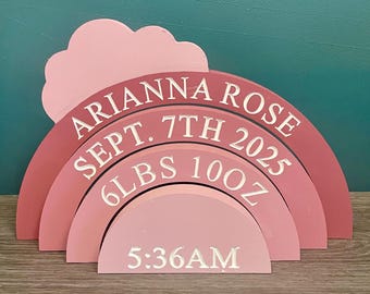 Engraved rainbow stacker with cloud, personalised rainbow stacker, new baby gift, birth details gift