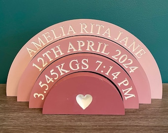 Engraved rainbow stacker, personalised rainbow stacker, new baby gift, birth details gift