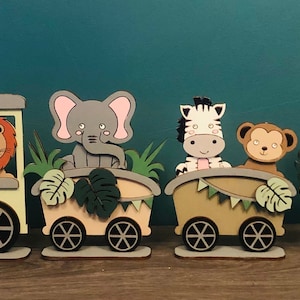 Decoração fofa de safári, decoração de berçário de safári, decoração de prateleira de animais de safári, animais de safári de madeira, trem de safári, presente de bebê de safári