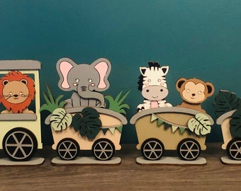 Cute safari decor, safari nursery decor, safari animal shelf decor, wooden safari animals, safari train, safari baby gift
