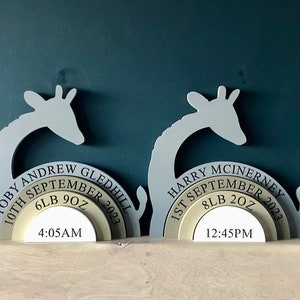 May include: Four grey giraffe-shaped wooden plaques featuring layered rainbow arches. Each plaque displays a name, birth date, weight in pounds and ounces, and time of birth. The text includes Etta Primrose Whelan, Toby Andrew Gledhill, Harry McInerney, and Cody Scott Younger.
