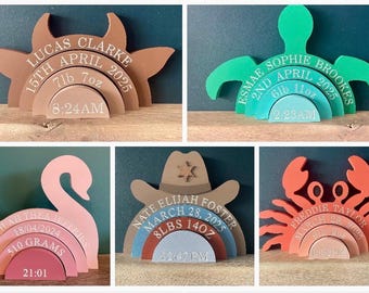 Personalised wooden Rainbow stacker, personalised baby gift, engraved birth details gift