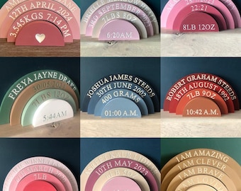 Engraved rainbow stacker, new shapes at tester prices, personalised rainbow stacker, new baby gift, rainbow baby gift