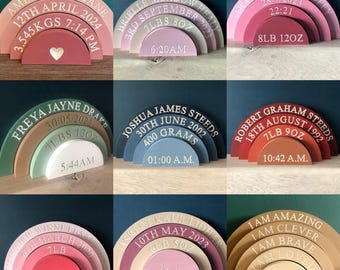 Engraved rainbow stacker, new shapes at tester prices, personalised rainbow stacker, new baby gift, rainbow baby gift