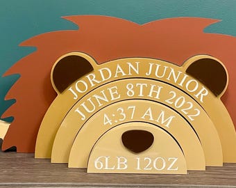 Personalised wooden lion stacker, engraved new baby gift, new baby keepsake, engraved wooden rainbow, lion baby gift