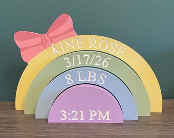 Engraved rainbow stacker with bow, personalised rainbow stacker, new baby gift, birth details gift